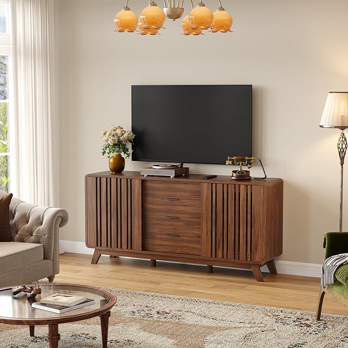 ONBRILL Sideboard Buffet Cabinet with Storage, Fluted Buffet Cabinet with Sliding Doors & 4 Drawers, Mid Century Modern Coffee Bar Wine Bar Credenza for Living Room, Kitchen (Walnut)