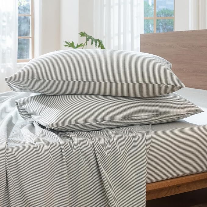 MooMee Striped Duvet Cover Set 100% Washed Cotton Linen Like Textured Breathable Durable Soft Comfy (Heathered Green Pinstripes, King 104"x90")