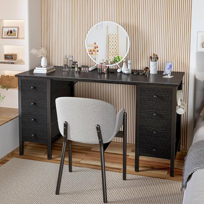 DLisiting Black Gaming Desk with Fabric Drawers on Both Sides, 55 Inch Home Office Computer Study Writing Work PC Desk with 8 Storage Drawers Storage for Bedroom