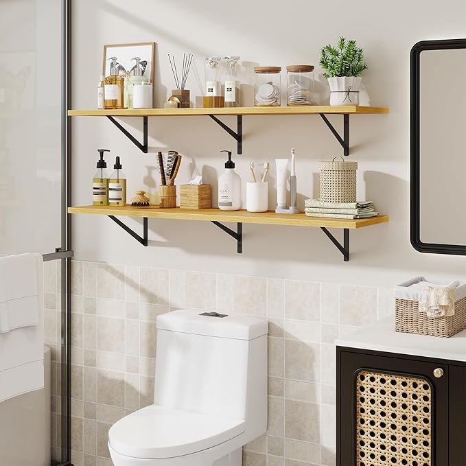 48inch Floating Shelves for Wall,10" Deep Floating Shelves with Metal Brackets,Wall Mounted Hanging Floating Shelf,Wide Display Shelves for Living Room,Bedroom,Office,Kitchen,Oak