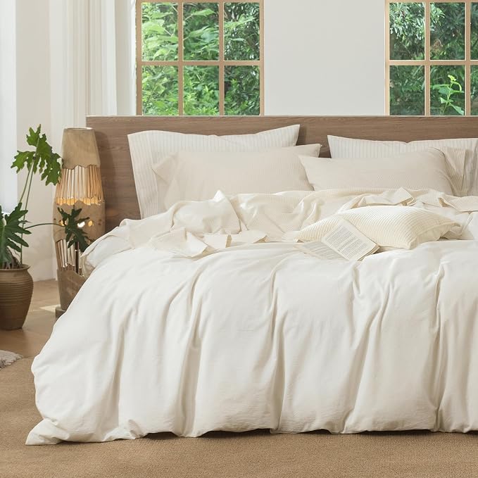 MooMee Striped Sheet Set 100% Washed Cotton Linen Like Textured Breathable Durable Soft Comfy (Almond Milk Grey Pinstripes, King)