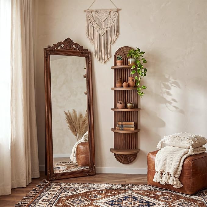 Pinkunn 5 Tier Boho Wall Decor Shelf, 47 Inch Tall Floating Wall Shelf Unit, Pine Wooden Mid Century Arch Decor for Home Bathroom Bedroom Living Room Office Vanity Holding Planter Decoration