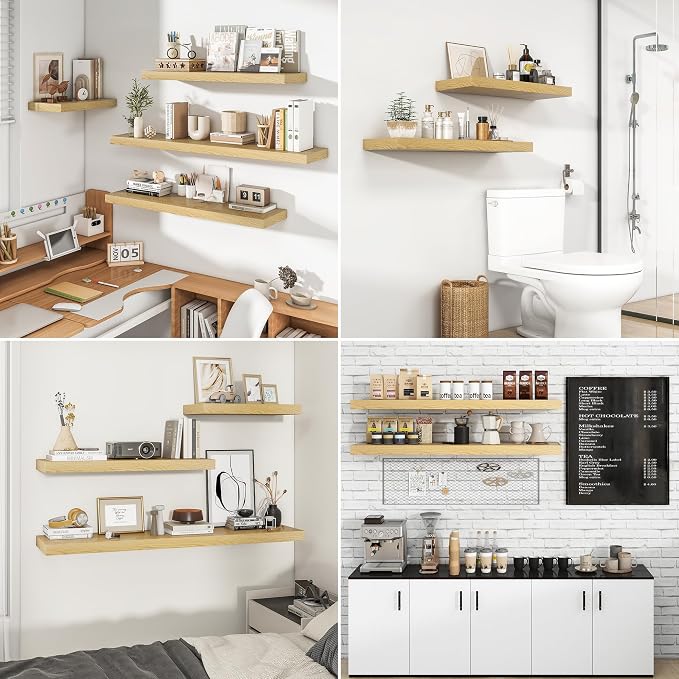 RICHFOCUS 31.5Inch Floating Shelves for Wall 2 Pack Shelves for Bedroom|Kitchen|Bathroom Wall Mounted Rustic Wood Floating Shelf with Invisible Brackets for Books|Storage|Decor, Oak