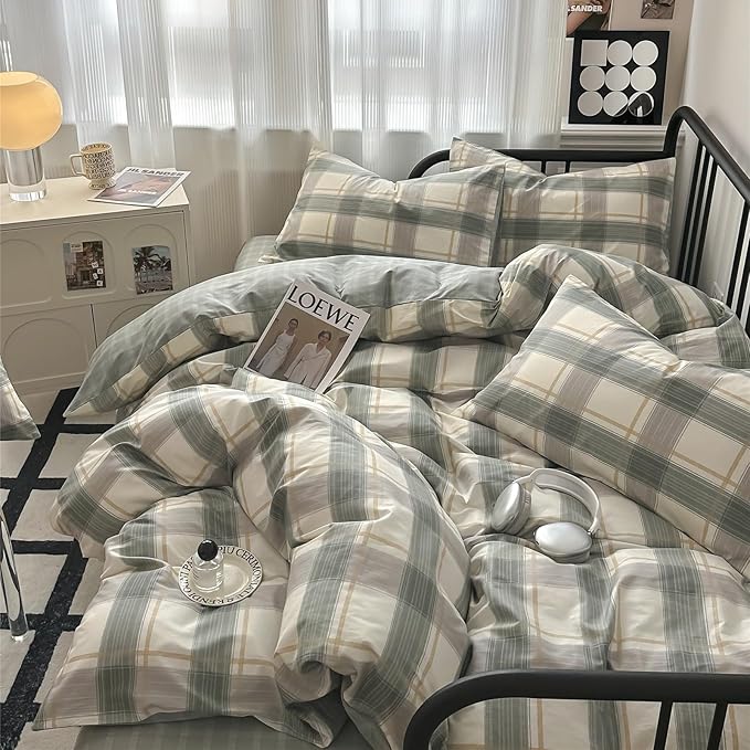 VM VOUGEMARKET Teen Boys Plaid Duvet Cover Set Twin XL Simple Farmhouse Style Cotton Green Buffalo Plaid Gingham Bedding Set 1 Duvet Cover with 2 Pillowcases