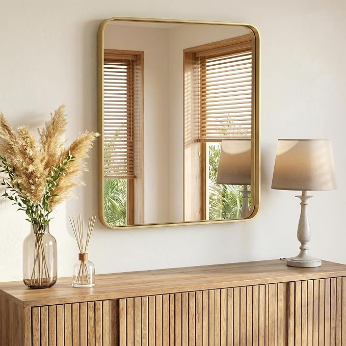 NEWBULIG 36X40 Inch Bathroom Mirror for Over Sink, Wall Vanity Mirrors Tempered Glass, Anti-Rust Metal Framed Rounded Rectangle, Hangs Horizontally or Vertically, Farmhouse Home Decor, Gold