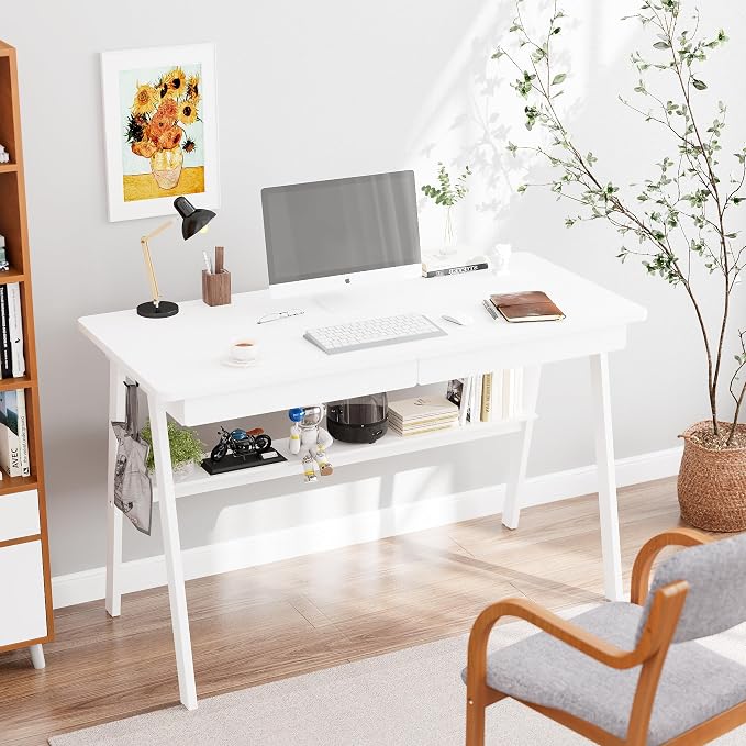 Solid Wood Desk with Drawers - 47.2 Inch Writing Desk with Drawers & Storage Shelf, Simple Modern Study Table, Home Office Computer Desks for Bedroom & Home, White Desks
