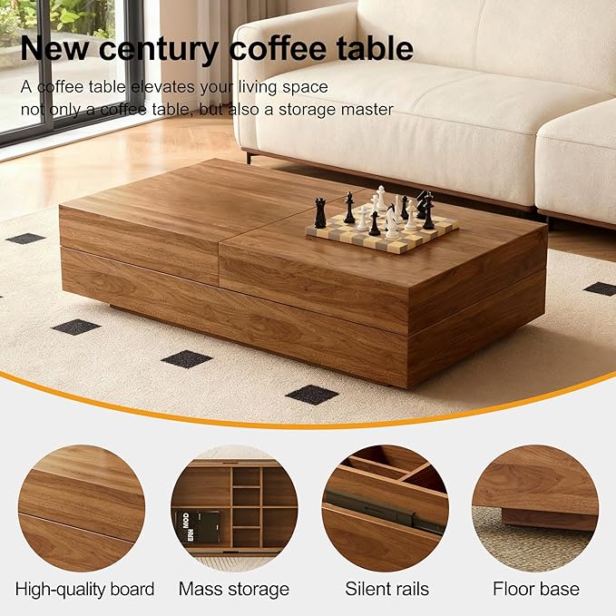 Mid-Century Modern Farmhouse 47.2-81.8" Expandable Coffee Table,Adjustable Center Table with Large Storage for Living Room, Walnut