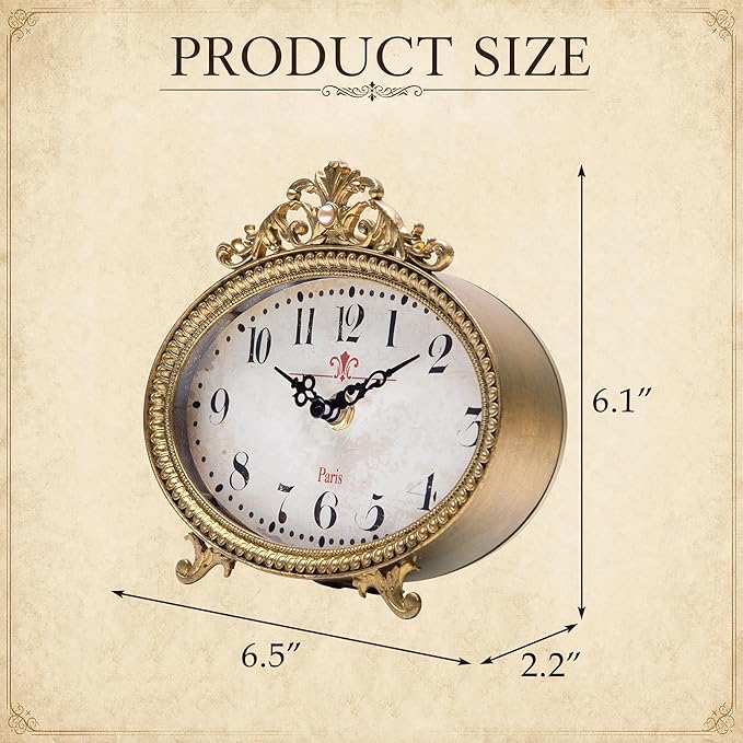 NIKKY HOME Vintage Table Clock, French Gold Color Rococo Style Desk Clock Battery Operated Rustic Design, Home Décor for Living Room, Bedroom, Bedside, Desk, Gift Clock