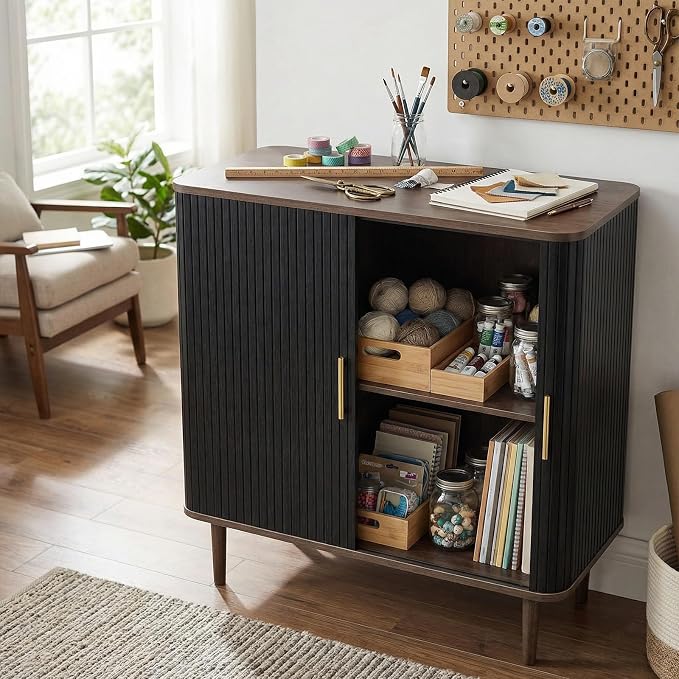 AKMAKM 35" Fluted Accent Buffet Cabinet, Black Small Storage Sideboard with Sliding Door, Mid Century Modern Credenza with Solid Wood Leg, Wine Coffee Bar Console Table for Kitchen, Entryway, Living