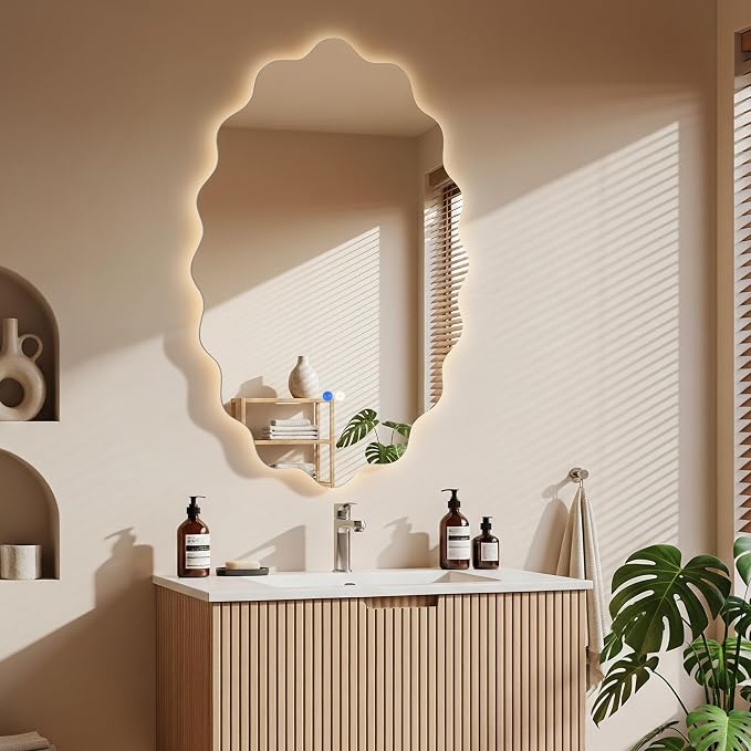 Oval Wavy Led Bathroom Mirror- Vanity Mirror with Lights IP54 Enhanced Anti-Fog,Single Piece 22"x30" 3 Colors Dimmable, Memory,Tempered Glass,UL Listed
