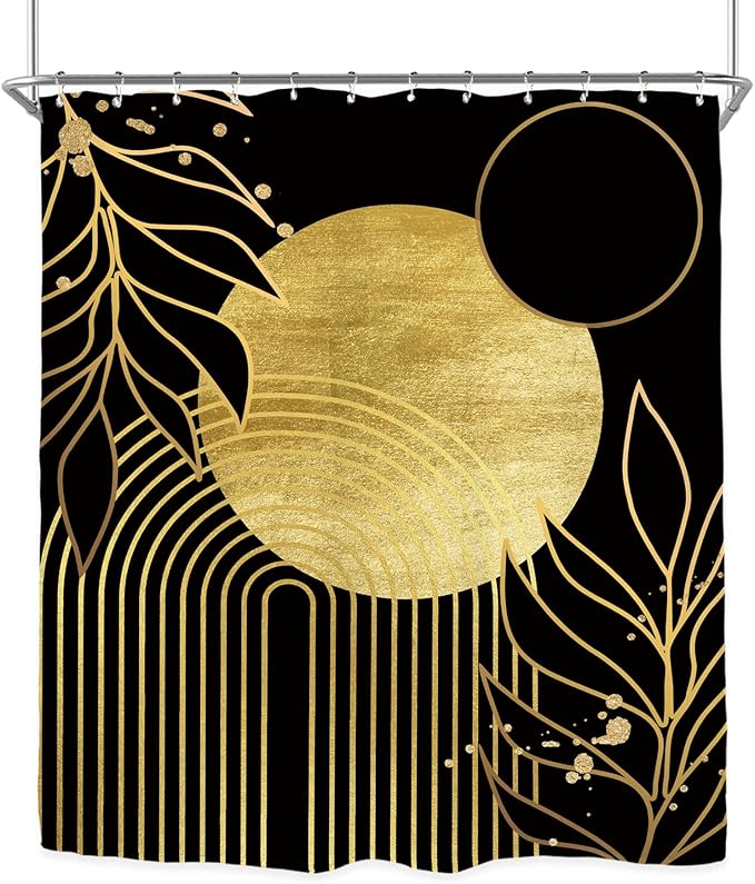 Miyotaa Abstract Black Gold Shower Curtain Set 60Wx71H Inches Minimalist Aesthetic Modern Contemporary Plant Leaves Neutral Polyester Waterproof Cloth Bathroom Curtain with 12 Hooks