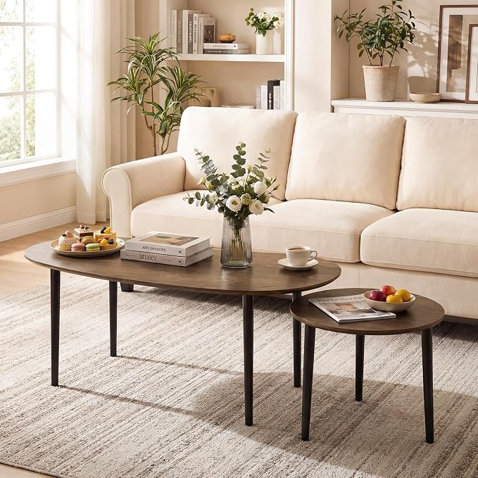 Giantex Nesting Tables Set of 2, Mid Century Modern Coffee Tables with Solid Wood Support Legs, Wood Side End Tables in Kidney & Round Shape for Living Room, Easy Assembly, Walnut