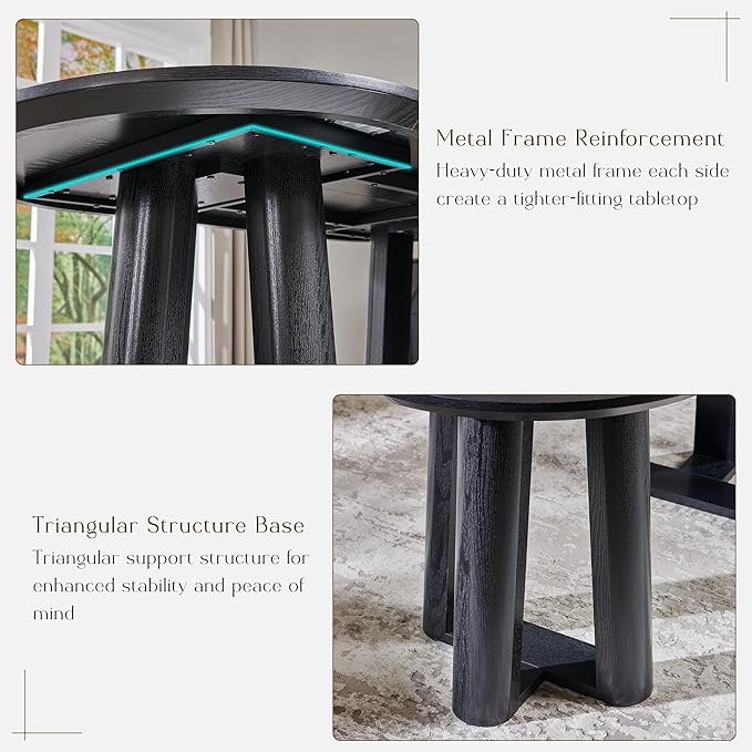 OKD 63" Dining Table for 6-8, Oval Dining Room Table with Triangular Structure Pedestal Stable Base, Curved Table Edge, Circle Kitchen Tables for Dining Room, Kitchen, Black Oak