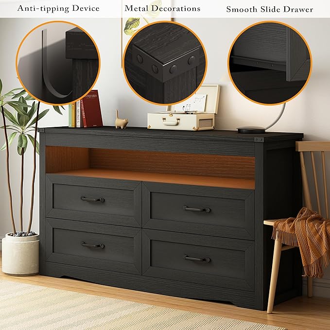 Black Dresser for Bedroom, Wood 4 Drawer Dresser with LED Light, Dressers & Chests of Drawers with Metal Handles, Storage and Organization for Bedroom, Hallway, Entryway