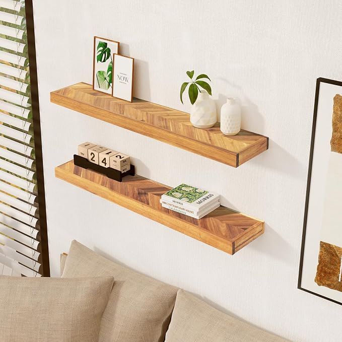 Howizz 48" Rustic Farmhouse Floating Shelves โ Set of 2 Acacia Wood Shelves for Stylish Wall Decor in Kitchen, Bathroom, and Office, Unique Chevron Pattern, 48x8x1.5 Inches - Set of 2 - DIY