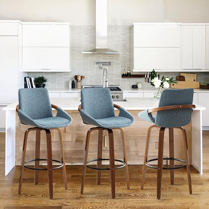 LUNLING 25.6" Counter Height Barstools Mid Century Modern Retro Bar Chairs Green Modern Corduroy Fabric Upholstered and Walnut Wood Frame for Home Bar Furniture,Blue,1PCS