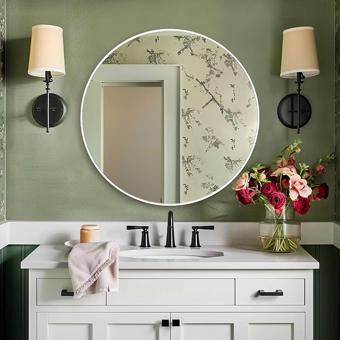 White Round Mirror 26 Inch, Circle Wall Mirrors with Tempered Glass for Bathroom, Bedroom Living Room or Entryway
