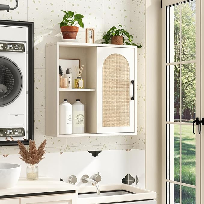 RUSTOWN Boho Rattan Wall Cabinet, Midcentury Bathroom Cabinet with Sliding Door, Adjustable Shelves, Over The Toilet Storage Cabinet (Vintage White)