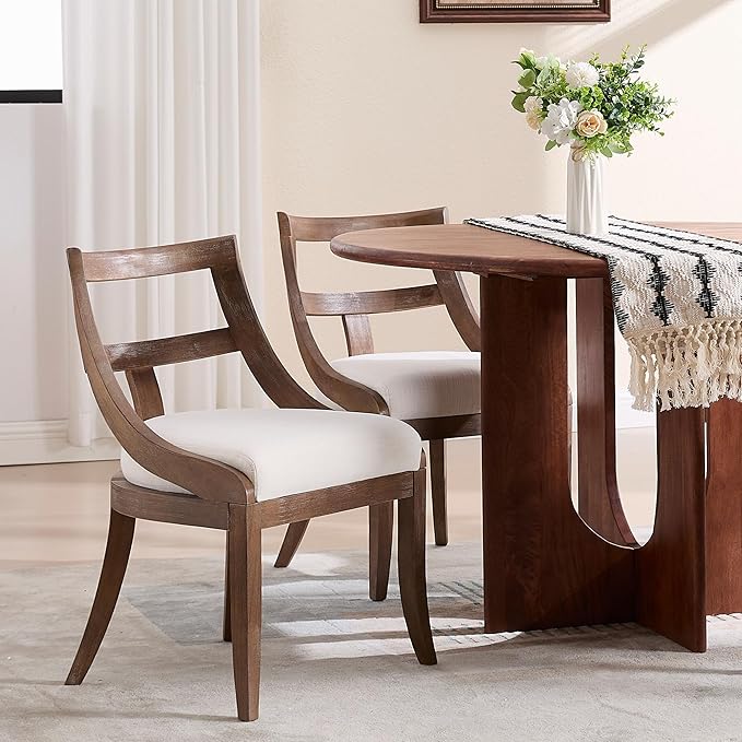 Modern Farmhouse Dining Chairs Set of 2 Mid Century Upholstered Dining Chair with Wooden Curved Back Kitchen Chairs for Dining Room Restaurant Cafe, Brown Walnut Colored-Linen Beige