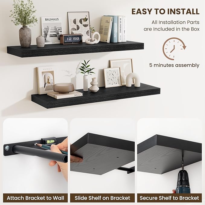 Fun Memories 72 Inch Fireplace Mantel Shelf, 10 Inch Deep Shelves for Display & Wall Storage, Rustic Wood Wall Shelf, Extra Long Floating Shelves for Living Room Laundry Room, Black, Set of 1