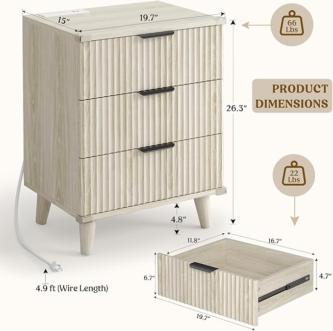 Lulive Wood Night Stand Set 2 Fluted Dresser for Bedroom 3 Drawers End Tables Nightstand with Charging Station, Side Table White Oak