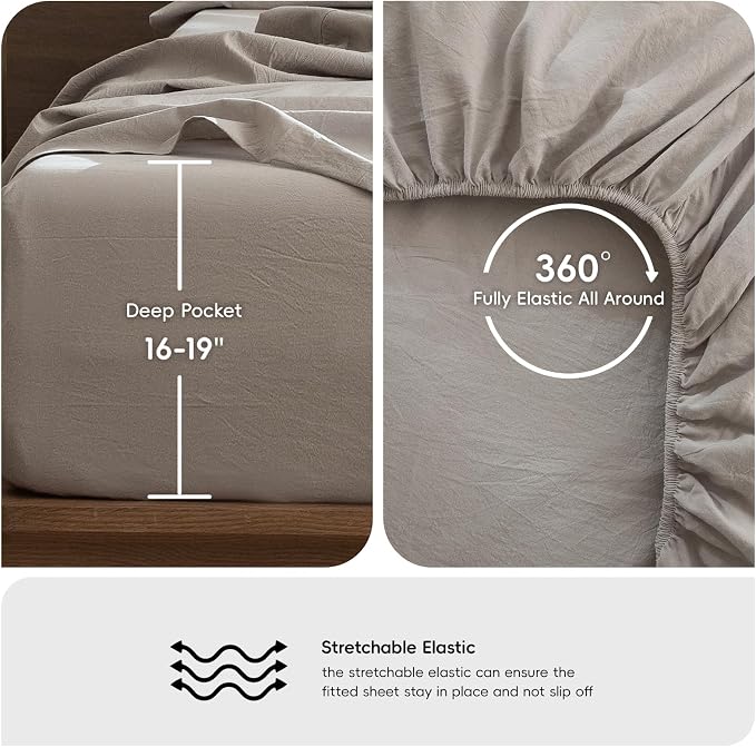 MooMee Bedding Sheet Set 100% Washed Cotton Linen Like Textured Breathable Durable Soft Comfy (Heathered Cream Grey, Full)