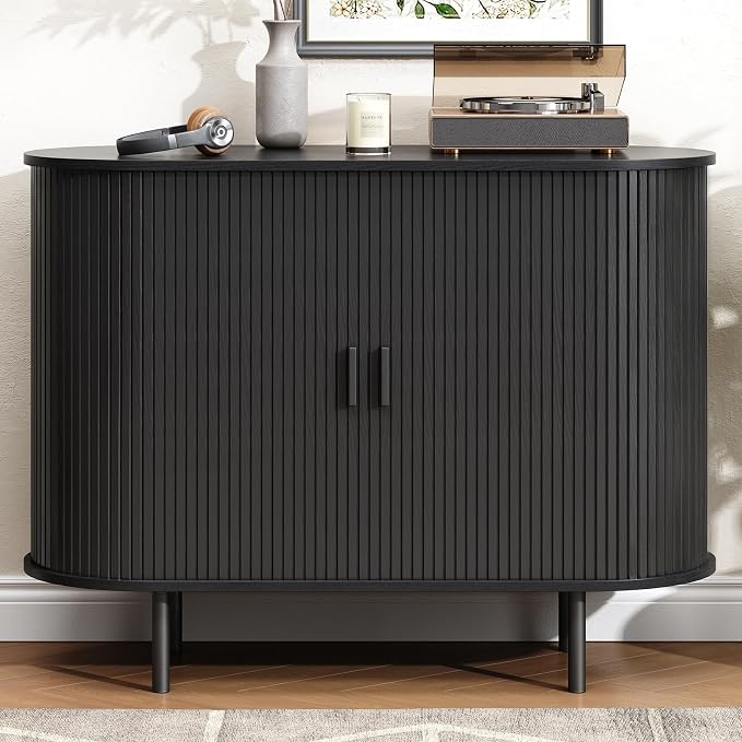 Buffet Cabinet with Storage, Fluted Sideboard Buffet with Sliding Door, Coffee Bar Cabinet with Adjustable Shelf, Console Table, Accent Table for Entryway, Kitchen (Black, 40 Inch)