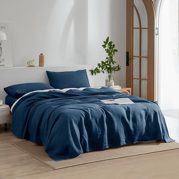 EVERLY Linen Sheets Set Full Size,100% French Stonewash Pure Linen Sheets Set,4Pieces (1Flat Sheet,1Fitted Sheet,2Pillowcase) Suitable for Hot Sleepers,Deep Pocket Natural Bedding Set-Navy Blue