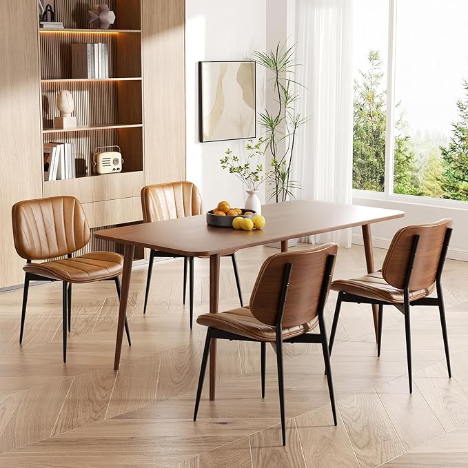 Dining Chair, Mid Century Modern Dining Room Chairs, Upholstered Faux Leather Kitchen Chairs with Walnut Bentwood Back and Metal Legs for Kitchen Dining Room Living Room, Brown