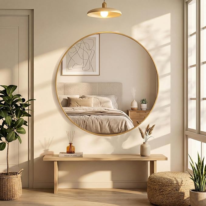 30 Inch Gold Round Bathroom Wall Mirror, Round Mirrors for Wall Decor, Circle Mirror for with HD Shatter-Proof Glass for Entryway, Living Room, Bedroom, Dressing Room, Home Decor