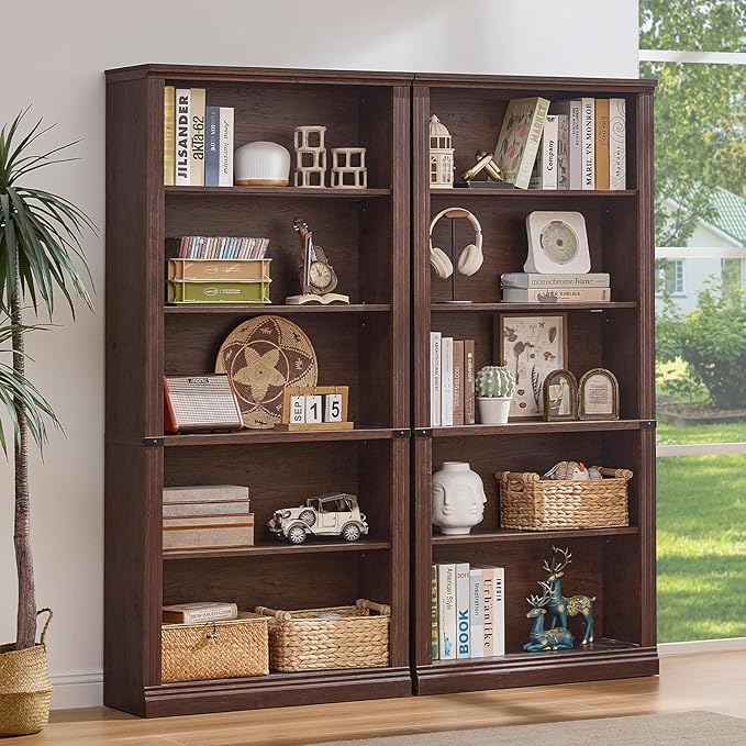 70" Walnut Tall Bookshelf,5-Tier Thick Wooden Book Shelf with Adjustable Shelves,Free Standing Farmhouse Bookcase with Open Display Storage,Floor Vintage Bookshelves for Living Room,Office