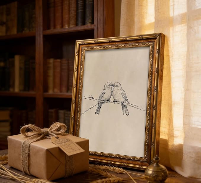 Vintage Gold Framed Bird Canvas Wall Art Two Birds Sketch Wall Decor Vintage Farmhouse Sketch Animals Artwork Retro Birds Painting Retro Rustic Print for Farmhouse Bedroom Living Room 16X24in