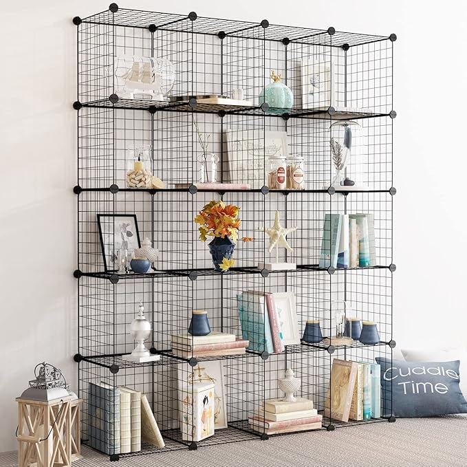 Wire Cube Storage Organizer, 25-Cube Modular Mental Grids Bookshelf, DIY Stackable Closet Cabinet for Bedroom Living Room, Office, Iron
