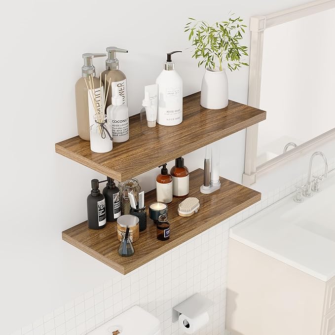 Dreamland 30" Floating Shelves for Wall, 12" Deep Slim Walnut Floating Shelves, Wall-Mounted Shelves for Bedroom, Living Room, Kitchen, Bathroom - Set of 2