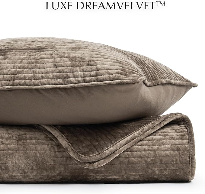 EverGrace Velvet Quilt Set Queen Size, Luxurious Soft Quilted Bedding Sets, Lightweight Velvet Comforter for All Season, Striped Channel Bedspread Coverlet with 2 Shams, Natural Tan
