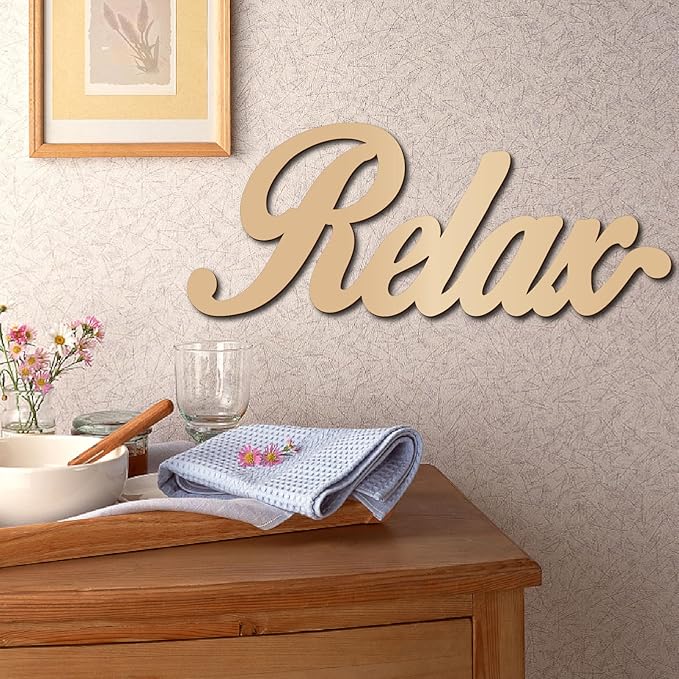 CREATCABIN Relax Wood Cutout Front Door Wooden Decor Letters Cut Art Sign Wall Hanging Decor for Restroom Cafe Shop Canteen Apartment Hotel Mall Rustic Farmhouse Porch Party Indicate Sign 11.9x4.7in
