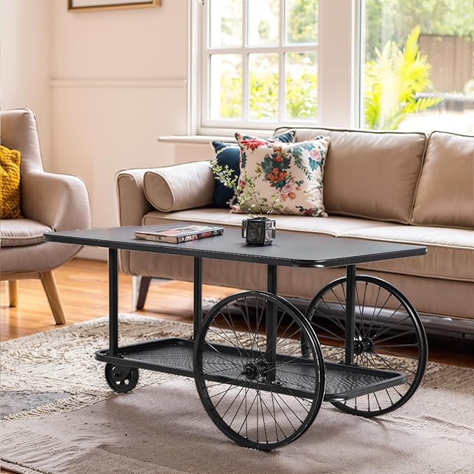 Steampunk-Inspired Mobile Storage Serving Cart - Black Metal Iron Top - 39.37" x 23.62" - Welded Construction Heavy Duty Locking Casters - 2-Tier Open Shelf - Movable Coffee Bar Table