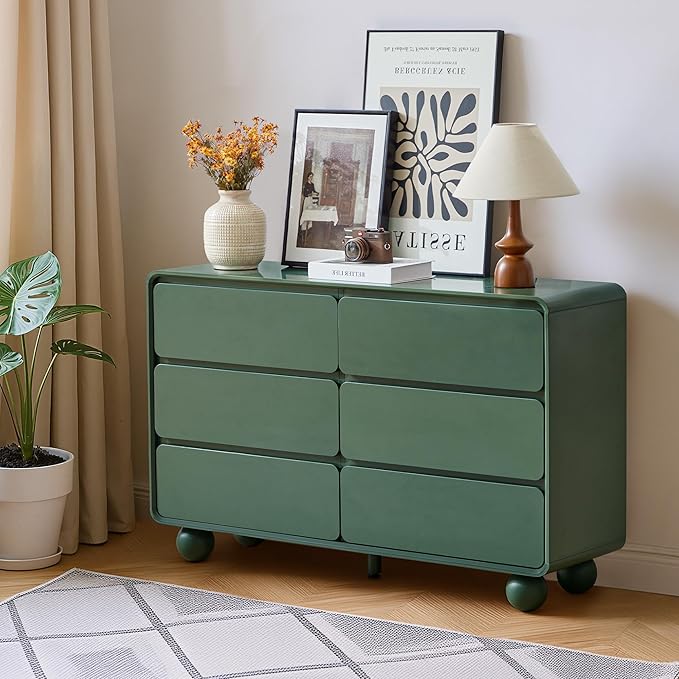 AVZEAR Modern 6 Drawer Green Dresser for Kids Bedroom, 48" Wide Wooden Dresser Chest of Drawers, Handle Free & Curved Profile Design, Mid Century Closet Clothes Storage Organizer for Living Room
