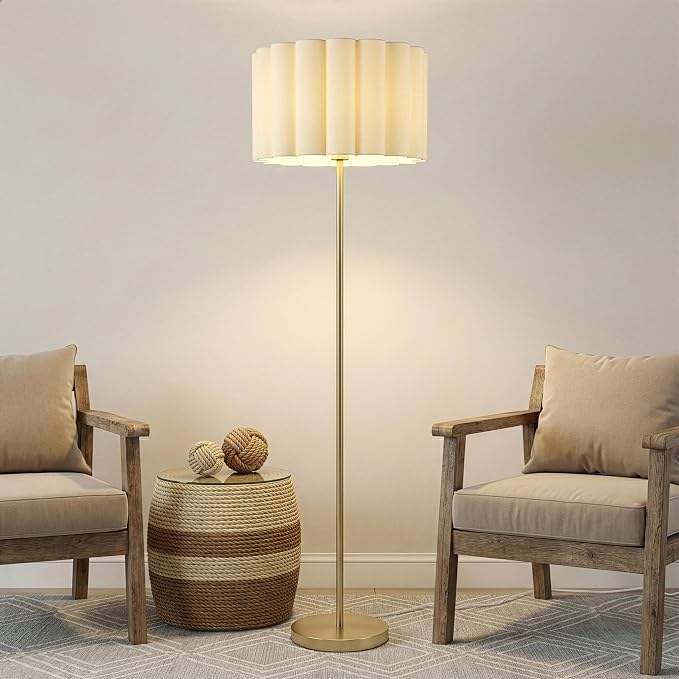 Brightech Estelle LED Floor lamp - 65” Tall Standing Floor Lamp - Modern Scalloped Cotton Shade for Boho, Mid-Century, Contemporary Decor - Warm Light for Living Room, Bedroom Office - Gold Brass