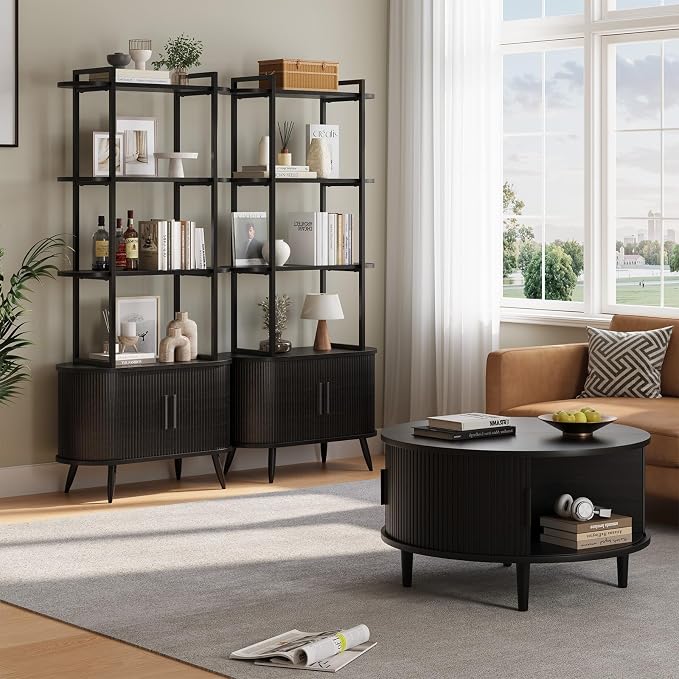 Airynee 69'' Tall Bookshelf, 4-Tier Fluted Bookshelf, Storage Cabinet with Sliding Tambour Doors, Modern Bookcase with Adjustable Footpad & Metal Frame, for Living Room Home Office, Black