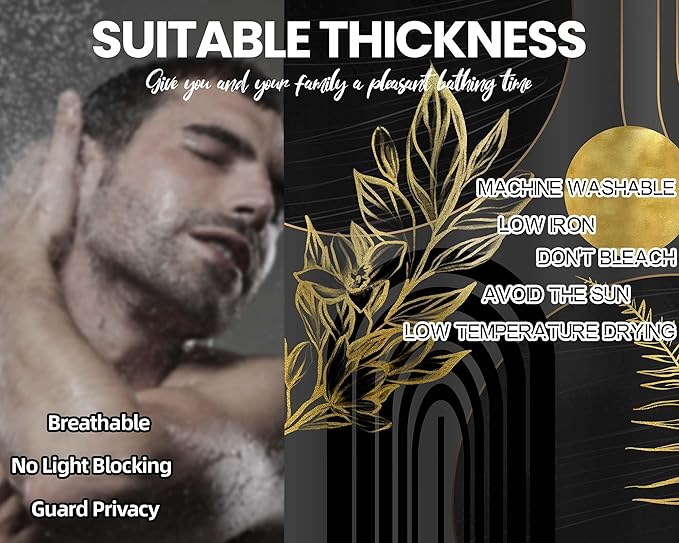 Black and Gold Shower Curtain Boho Mid Century Black and Dark Grey and Gold Shower Curtains for Bathroom Decor, Waterproof Cloth Fabric with Hooks, 70" W x 84" L