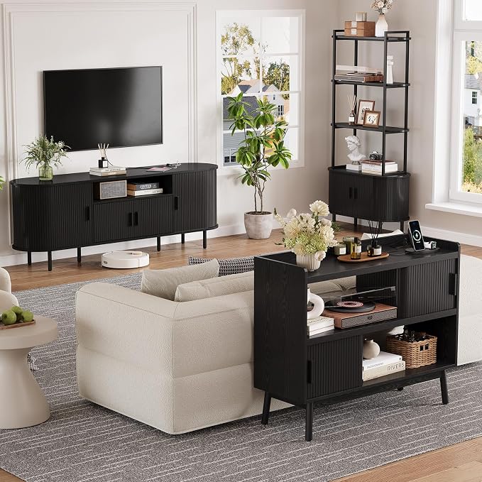 Mid-Century Modern Buffet Sideboard Cabinet with Outlet, 44" Sideboard Buffet Cabinet with Sliding Door & Adjustable Shelves, Fluted Accent Coffee Bar Console Table with Wooden Feet (Black)