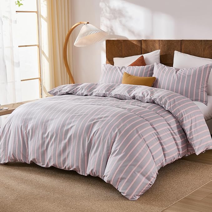 Merryword 100% Cotton Duvet Cover Set King Size - Gray and Pink Striped Bedding Set with Zipper & Corner Ties, 3-Piece Luxury Linen Like Bedding Set for All Seasons