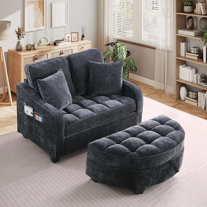 Oversized Chaise Lounge Chair Indoor with Ottoman, Chenille Tufted Comfy Loveseat Sofa Chair with Adjustable Backrest, Fluffy Recliner Sofa, Convertible Sleeper Couch Bed for Living Room(51"W, Black)