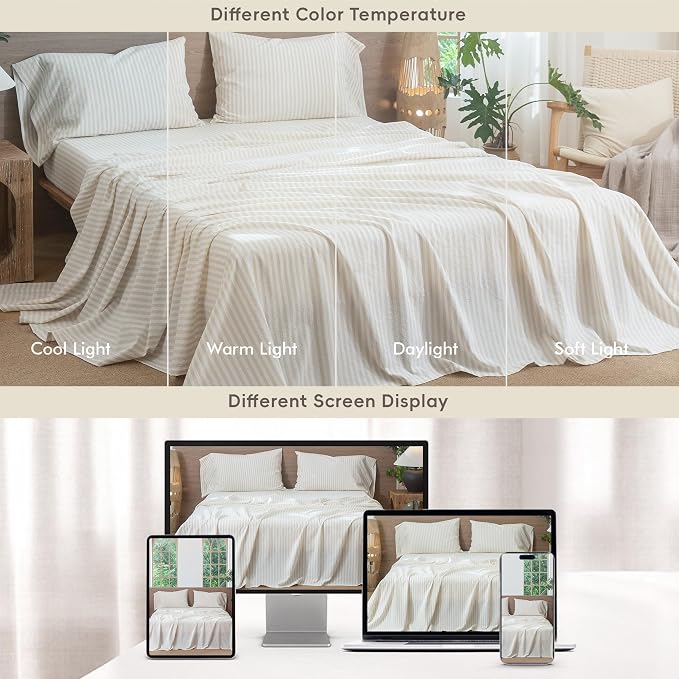 MooMee Striped Sheet Set 100% Washed Cotton Linen Like Textured Breathable Durable Soft Comfy (Almond Milk Grey Classic Stripes, Queen)