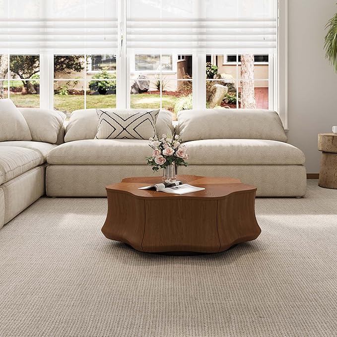 32.48" Flower - Shaped Coffee Table for Living Room, Fully-Assembled Mid Century Modern Center Small Table with Hidden Storage Drawer for Living Room, Apartment & Small Space
