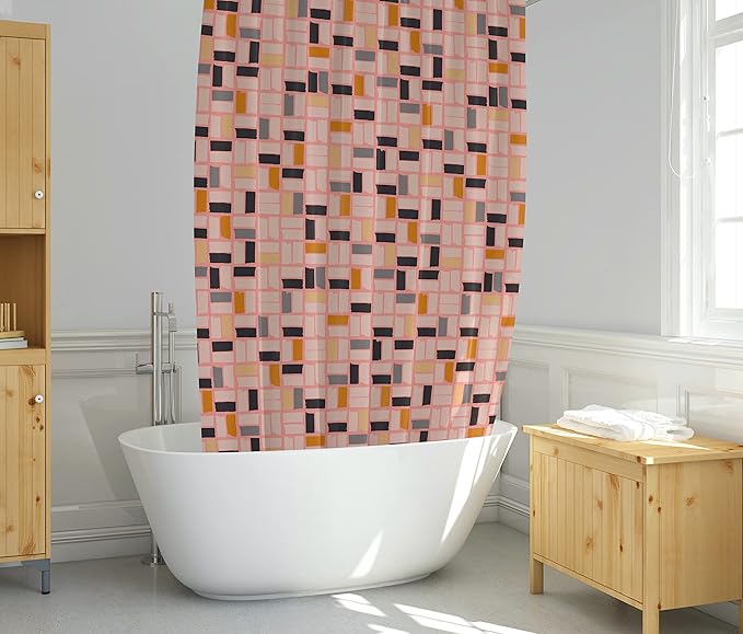 Pink MidMod Shower Curtain – 72x72 Mid Century Modern Bathroom Curtain with Abstract Square Pattern, Retro Colorful Fabric Design for Apartments, Guest Baths, or Dorms