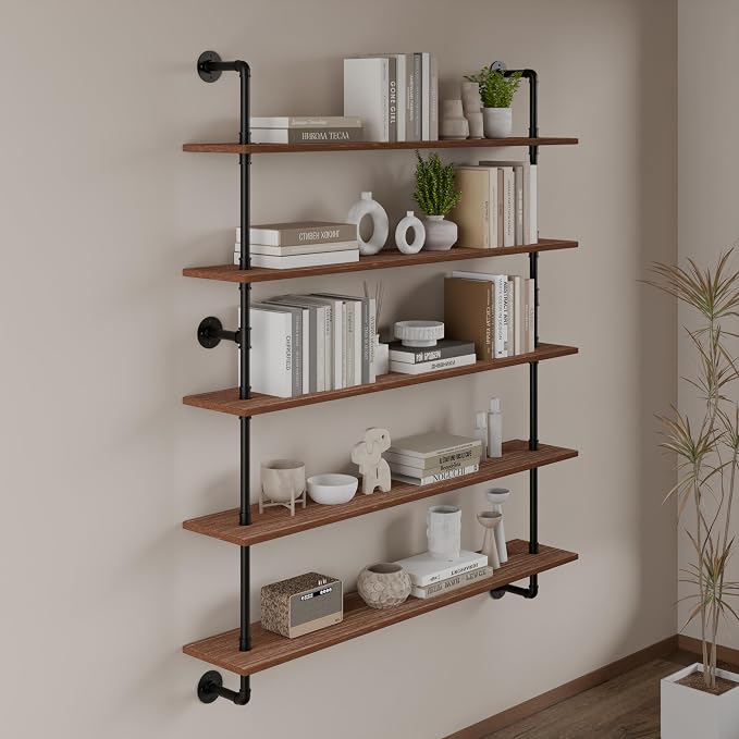 HDDFER Floating Shelves for Wall Bookshelf Industrial Pipe Shelving Shelves 48 Inch 5 Tier Natural Wood Planks Rustic Wall Shelves Hanging Bookshelves Farmhouse Kitchen Shelving