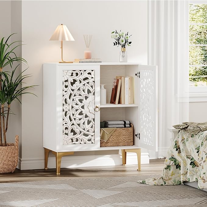 31.5" Accent Cabinet with Mandala Carved Doors, White Boho Sideboard for Storage, Coffee Bar Cabinet & Entryway Table with Gold Legs, Decorative Buffet Cabinet for Dining Room, Living Room