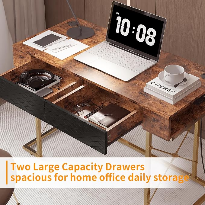 Mid-Century Modern Desk, 42 Inch Home Office Desk, Makeup Vanity Dressing Table Writing Desk with 2 Storage Drawers, Metal Frame, Walnut & Gold